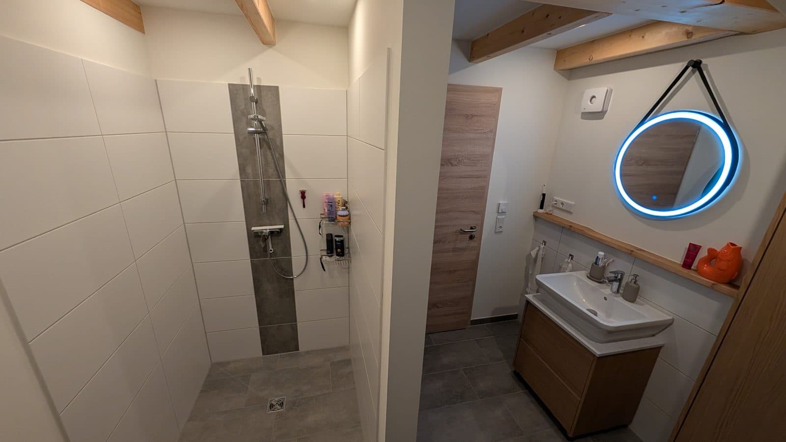 Modernes Bad mit Dusche und Waschtisch