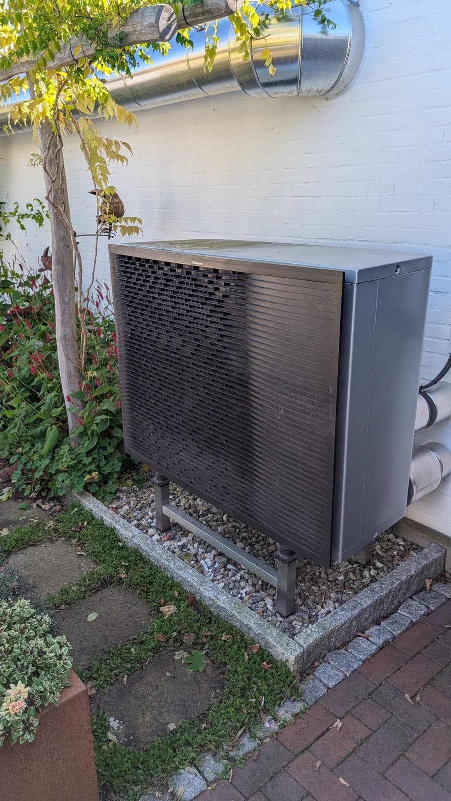 Installierte Wärmepumpe im Garten